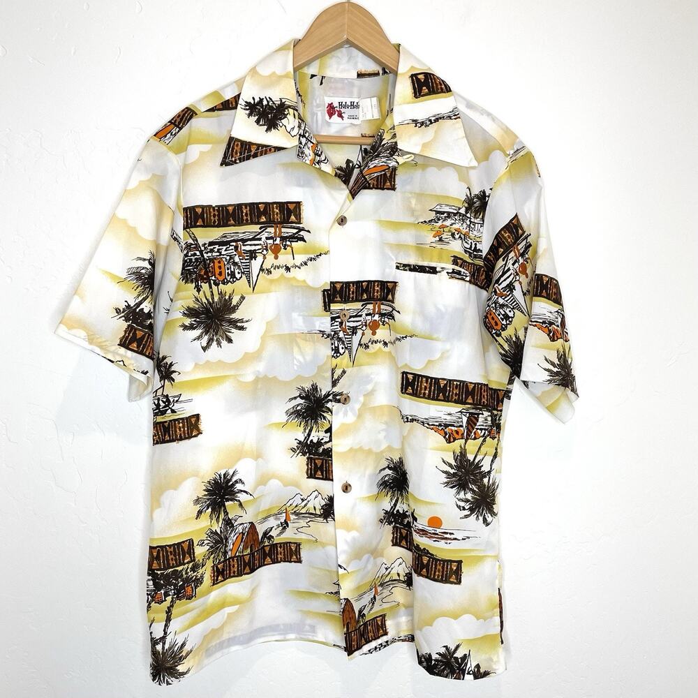 Holo Holo Vintage Hawaiian Shirt Mens Large Short Sleeve Ivory Print